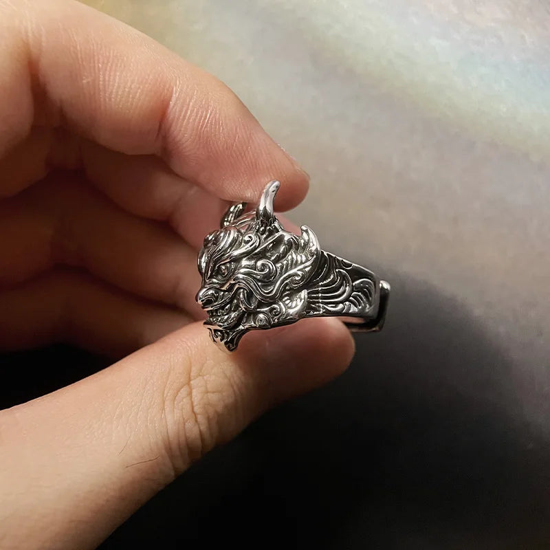 Retro Mahakala Mask Ring For Men Silver Color Punk Gothic Rock Hiphop Adjustable Open Ring Handmade Jewelry Biker Accessories