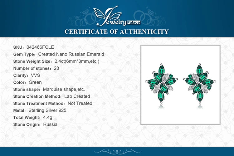 JewelryPalace Flower 2.4ct Green Simulated Nano Emerald 925 Sterling Silver Dangle Clip Earrings for Women Gemstone Jewelry
