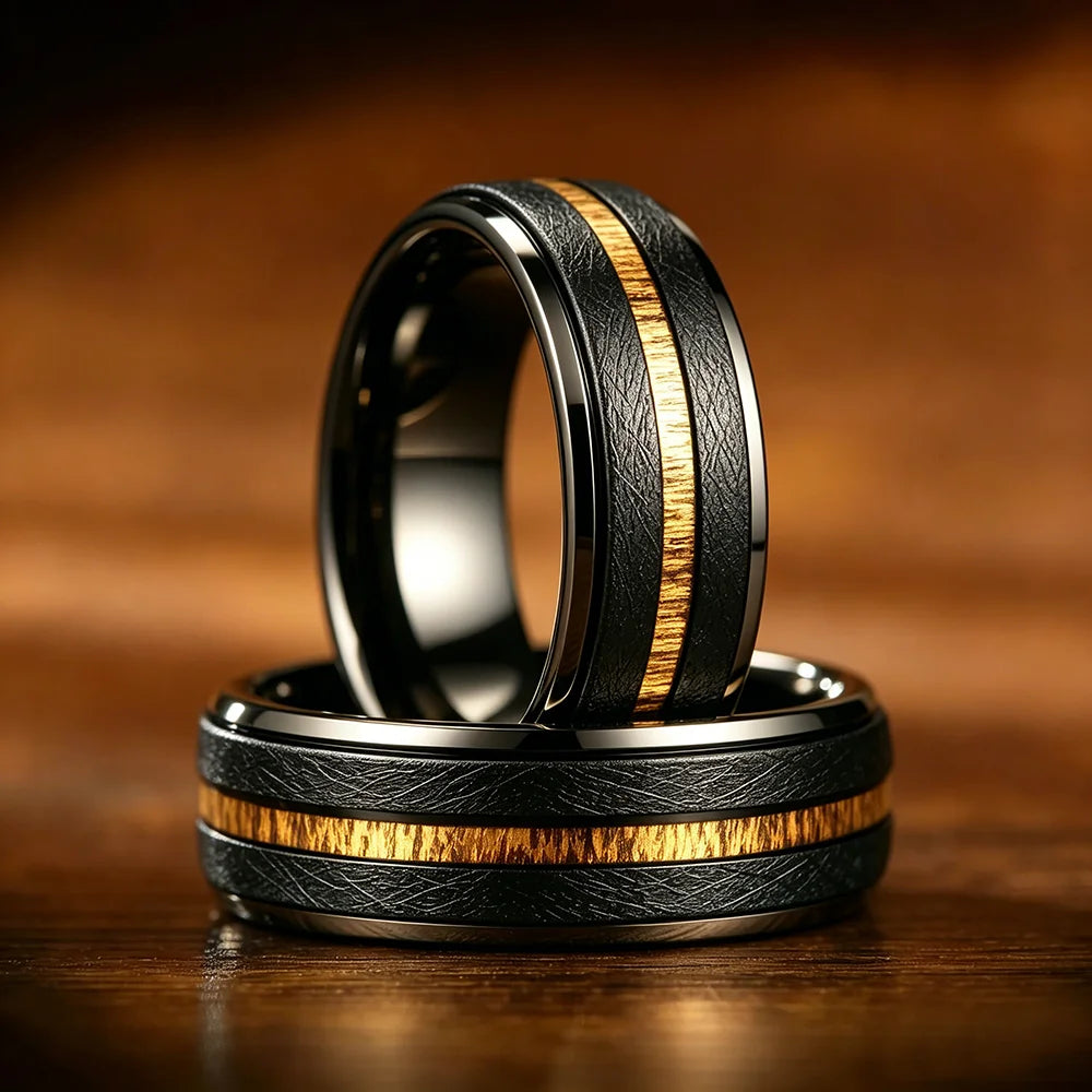 With Hawaiian Koa Wood Inlay Rings Matte Brushed Finish Fashion 8mm Black Stainless Steel Rings for Men Wedding Jewelry