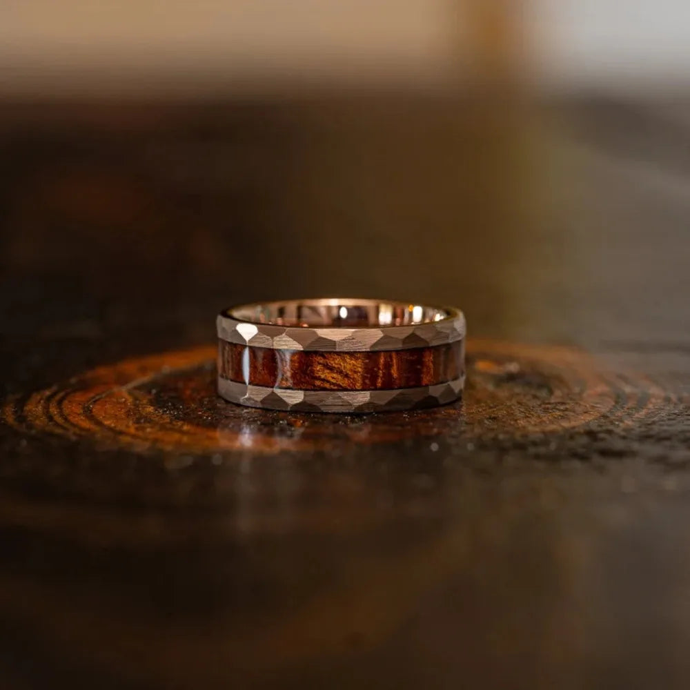 Luxury 8MM Koa Wood Inlay Stainless Steel Rings Bevel Edge Men's Steel Jewelry Polished Wedding Engagement Band Ring Wholesale