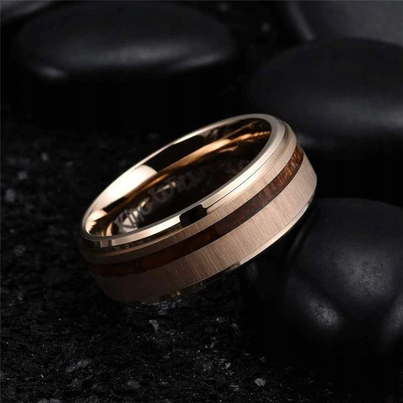 Fashion 8mm Men Stainless Steel Ring Rose Gold Color Brushed Wood Inlay Rings for Men Women Wedding Band Jewelry Birthday Gifts