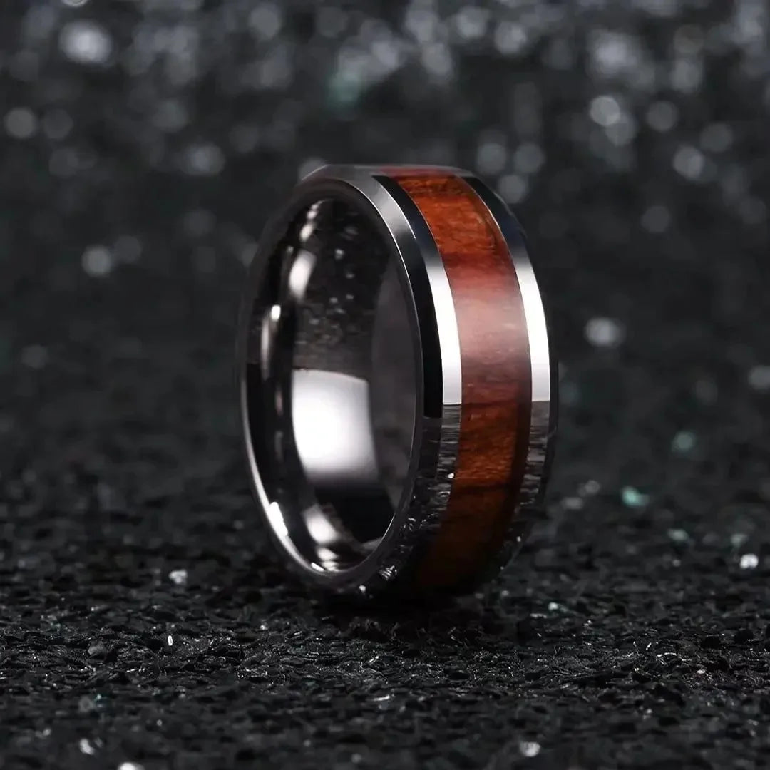 Fashion Men Stainless Steel Rings Red Koa Wood Inlay High Polished Wedding Band Ring for Men Women Anniversary Jewelry