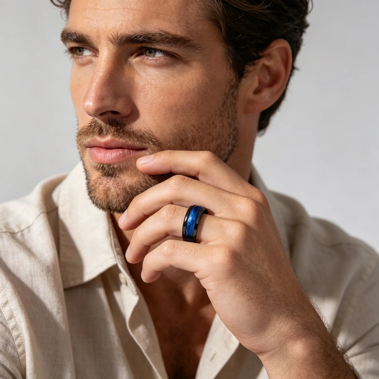 With Blue Gradient Nebula Pattern Rings, 8mm Cosmic Starry Sky Stainless Steel Men Ring, Wedding Band Jewelry Drop Shipping