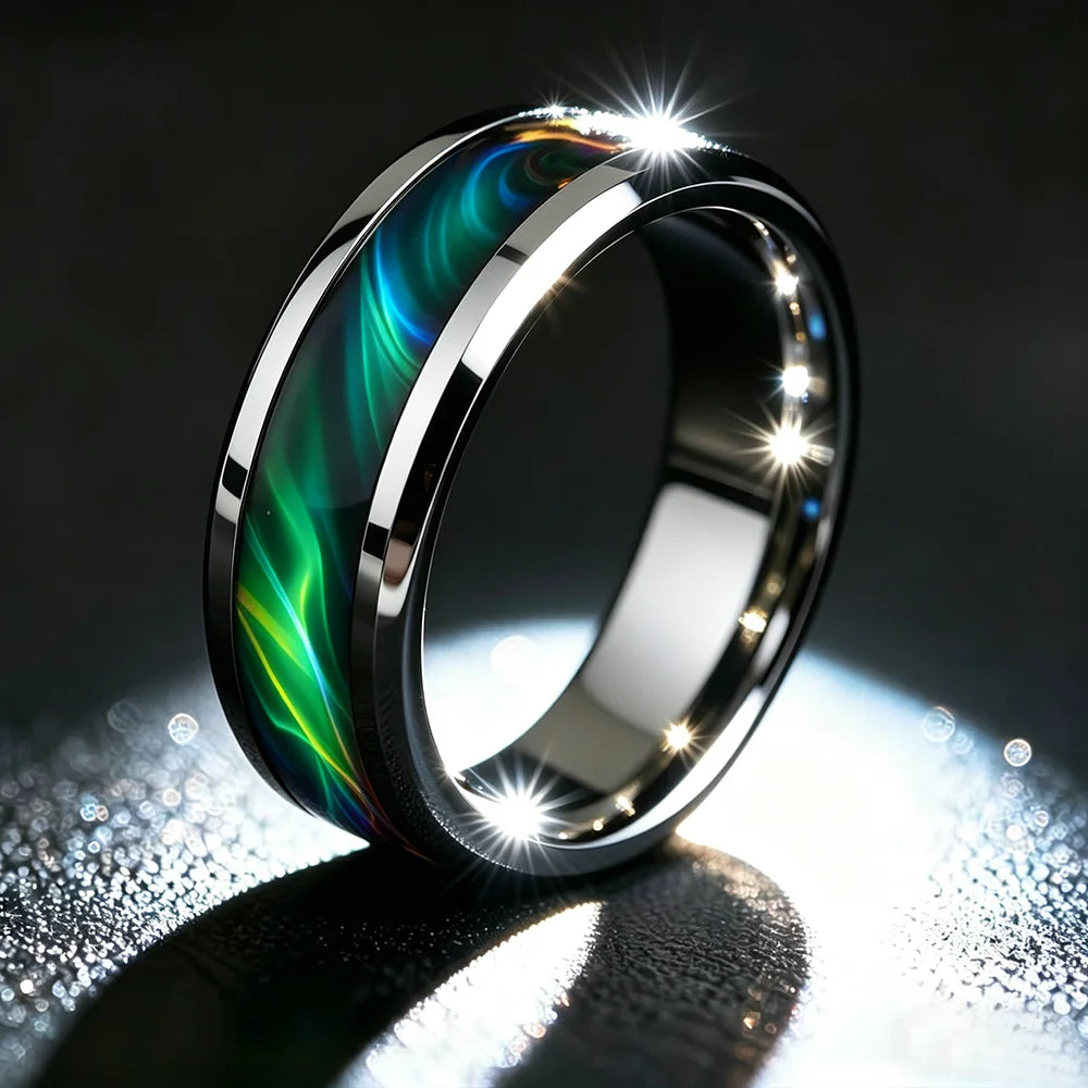 Men's Green Aurora Nebula Stainless Steel Ring, Silver Color Polished with Malachite Inlay, Punk Biker Jewelry Gift for Him