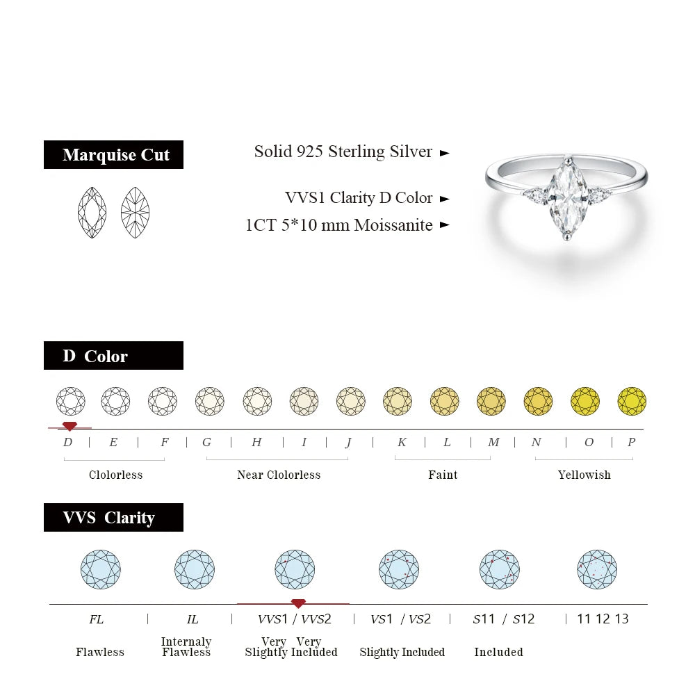 ATTAGEMS 2023 Marquise 1CT Moissanite Ring Real 925 Sterling Silver Rings for Women Men Anniversary Fine Jewelry Wedding Gift