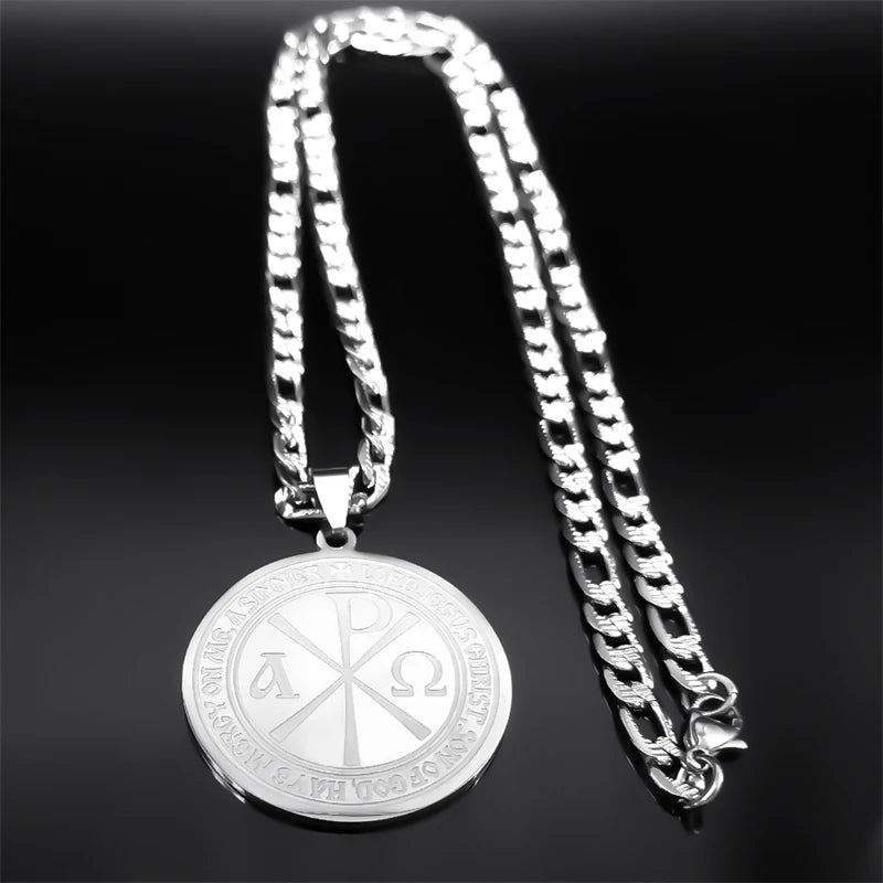 Chi Rho ΧΡ Constantine Cross Necklace Men Stainless Steel Alpha And Omega Christian Greek Alphabet Necklaces Jewelry  9717