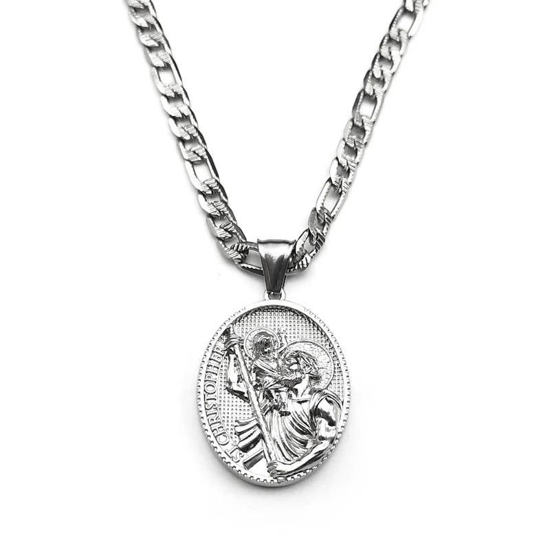 Religious ST.Christopher Protect Us Medal Necklace for Women Men Stainless Steel Silver Color Catholic Saint Chain Jewelry