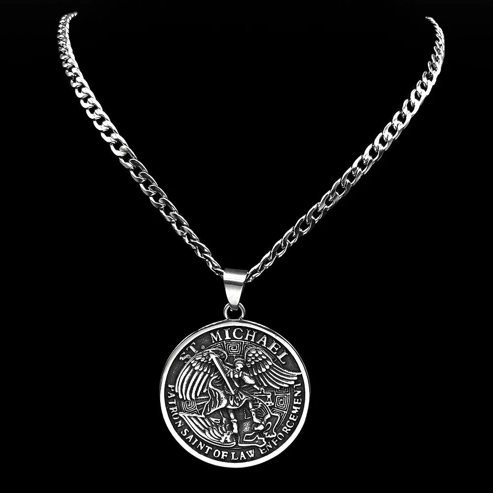 Archangel St.Michael Protect Us Pendant Necklace for Women Men Stainless Steel Saint Chain Biker Boyfriend Gift Jewelry