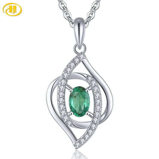 Natural Genuine Precious Emerald Solid Sterling Silver Pendants 0.45 Carats Classic Fine Jewelry Design S925 Rhodium Plated