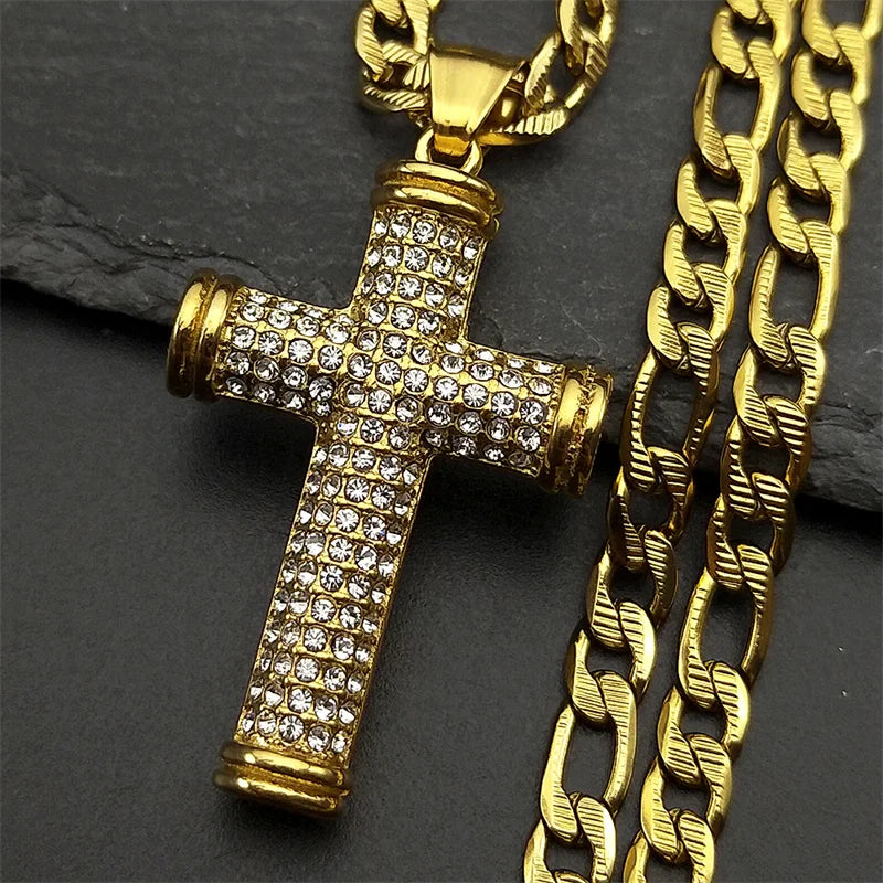 Christian Full Rhinestones JESUS CROSS Pendant Necklaces for Women Men Stainless Steel Gold Color Chain Amulet Necklace Jewelry