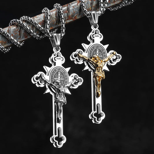 INRI Jesus Exorcism Cross Amulets Stainless Steel Men Necklaces Pendant Chain Punk For Women Fashion Jewelry Gifts Wholesale