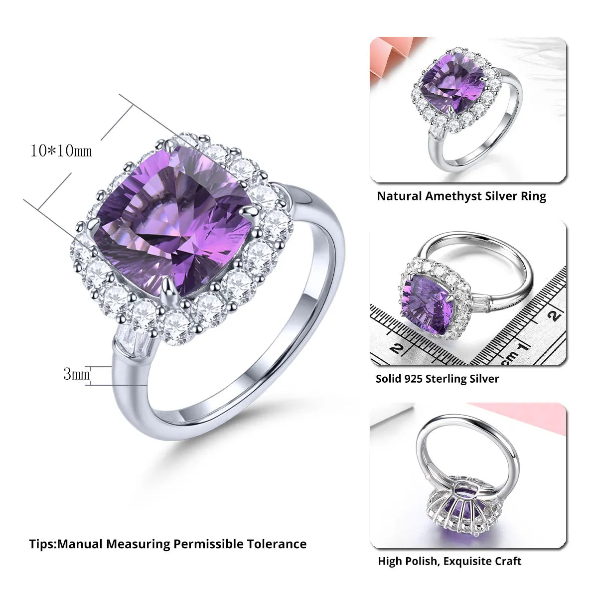 Natural Brazil Amethyst Sterling Silver Rings 4.2 Carats Genuine Birthstone Romantic Classic Fine Jewelry Style Birthday Gifts