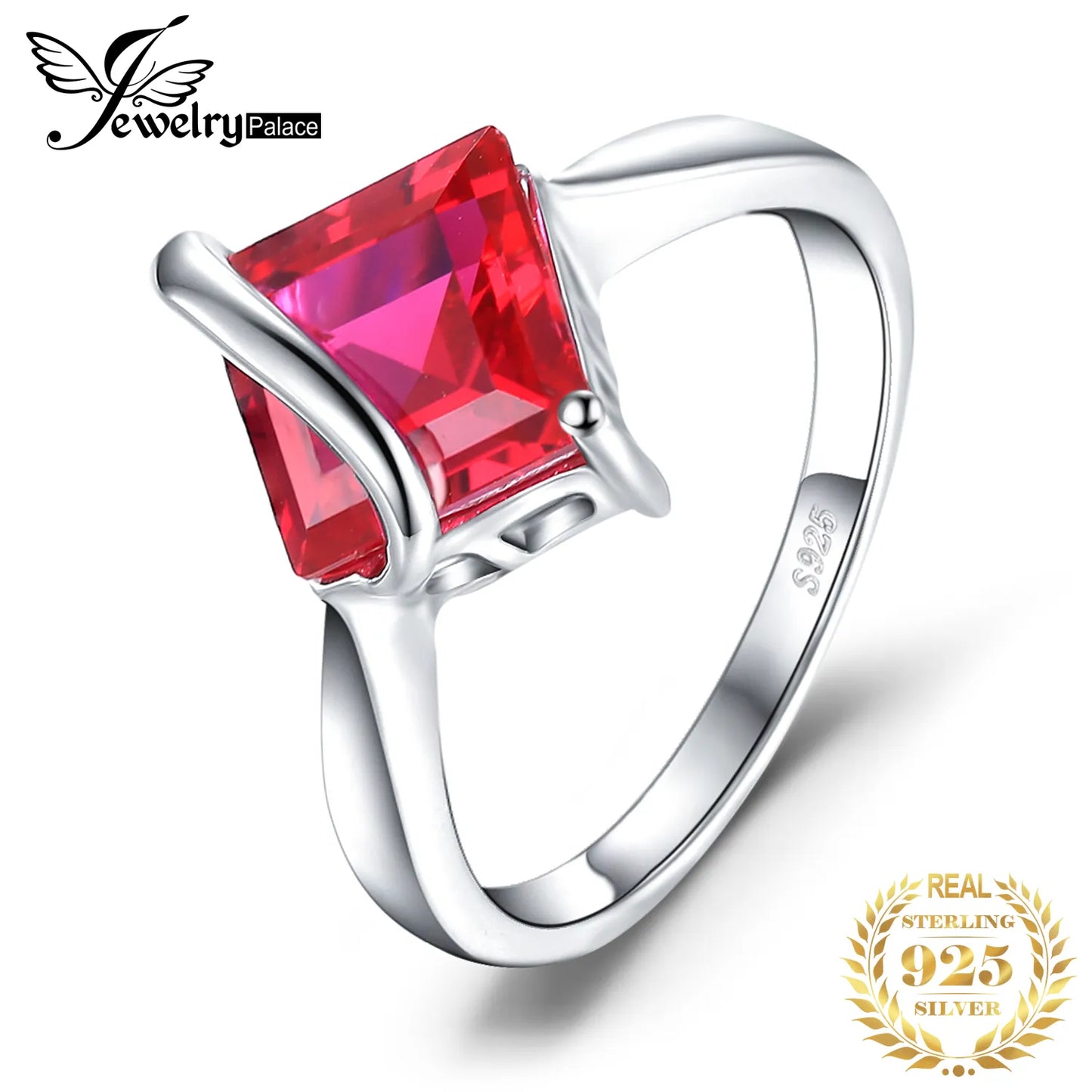 JewelryPalace Square Red Created Ruby 925 Sterling Silver Rings for Women Fashion Gemstone Jewelry Solitaire Engagement Band