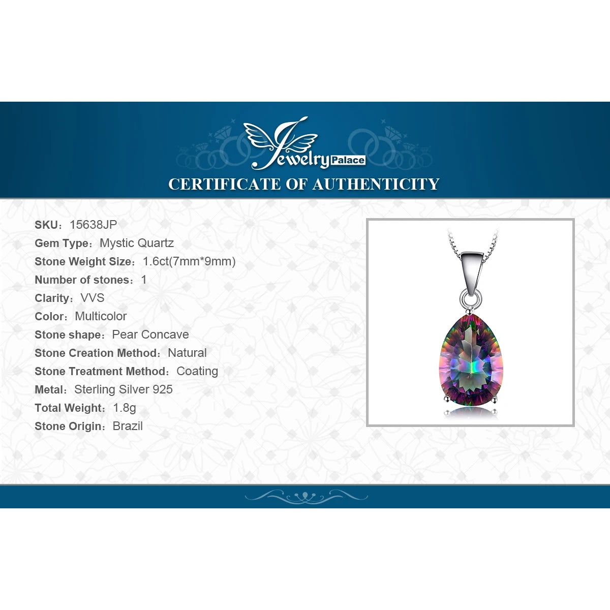 JewelryPalace Natural Rainbow Mystic Quartz 925 Sterling Silver Pendant Necklace for Woman Fashion Gift No Chain New Arrival