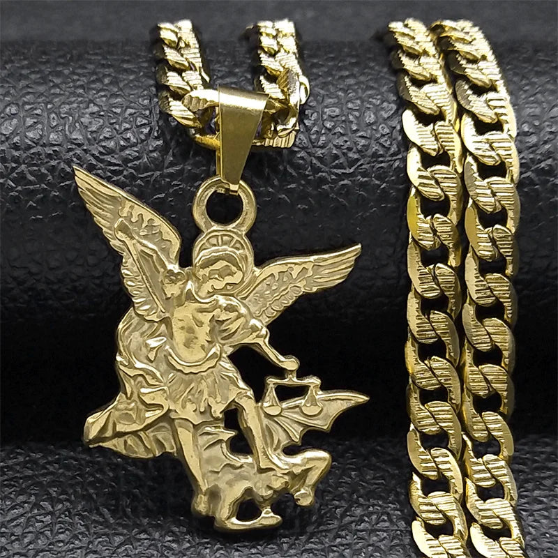 SAINT MICHAEL PROTECT US Archangel Stainless Steel Pendant Necklace for Women Men Gold Color Necklace Choker Jewelry Collares