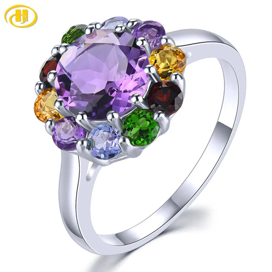 Natural Amethyst Sterling Silver Rings 2.9 Carats Genuine Multicolor Citrine Garnet Diopside Exquisite Fine Jewelrys S925 Gifts