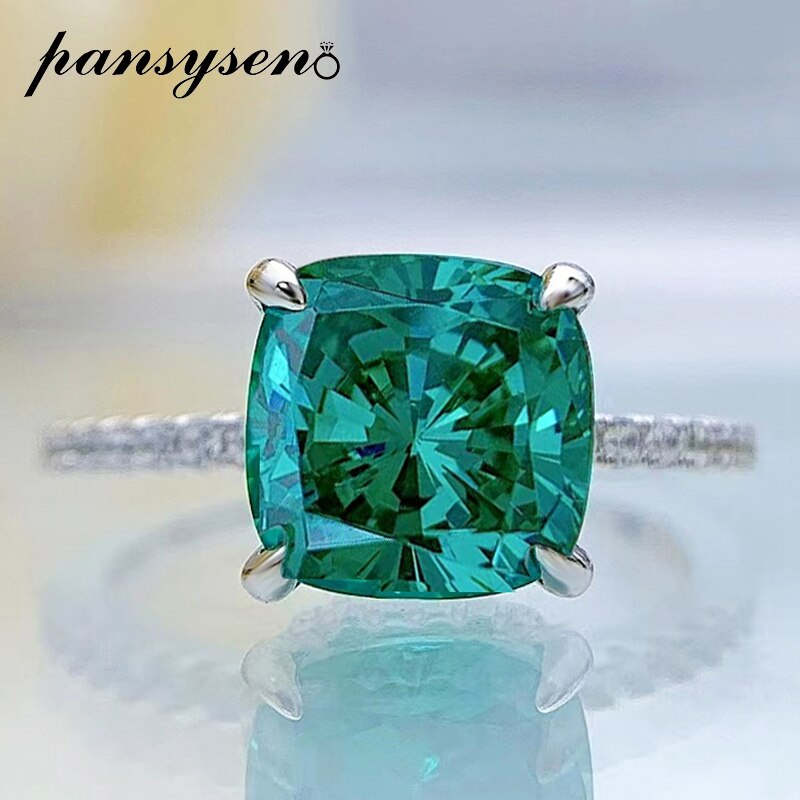 PANSYSEN Vintage Solid 925 Sterling Silver 9MM Green Paraiba Tourmalin High Carbon Diamond Ring for Women Fine Jewelry