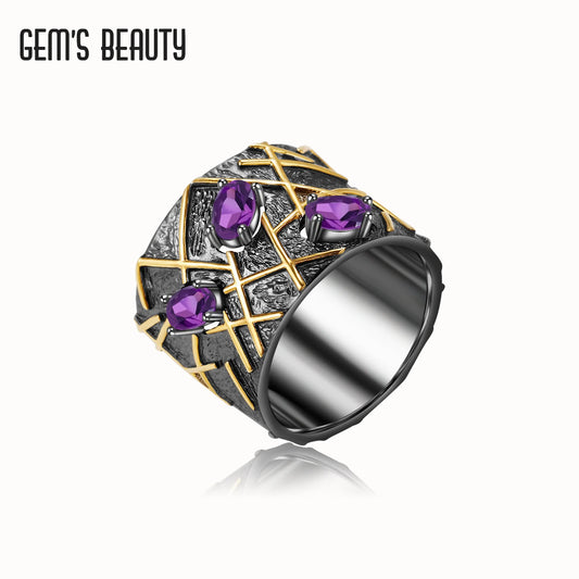 GEM'S BEAUTY 925 Sterling Silver 18K Gold Filled Rings For Women Unique Three-Stone with Natural Amethyst Handmade Rings CHINA