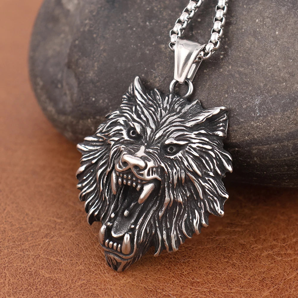 Fashion Charm Viking Wolf Head Pendant Trendy Men's 316L Stainless-Steel Animal Necklace Punk Rock Jewelry Accessories