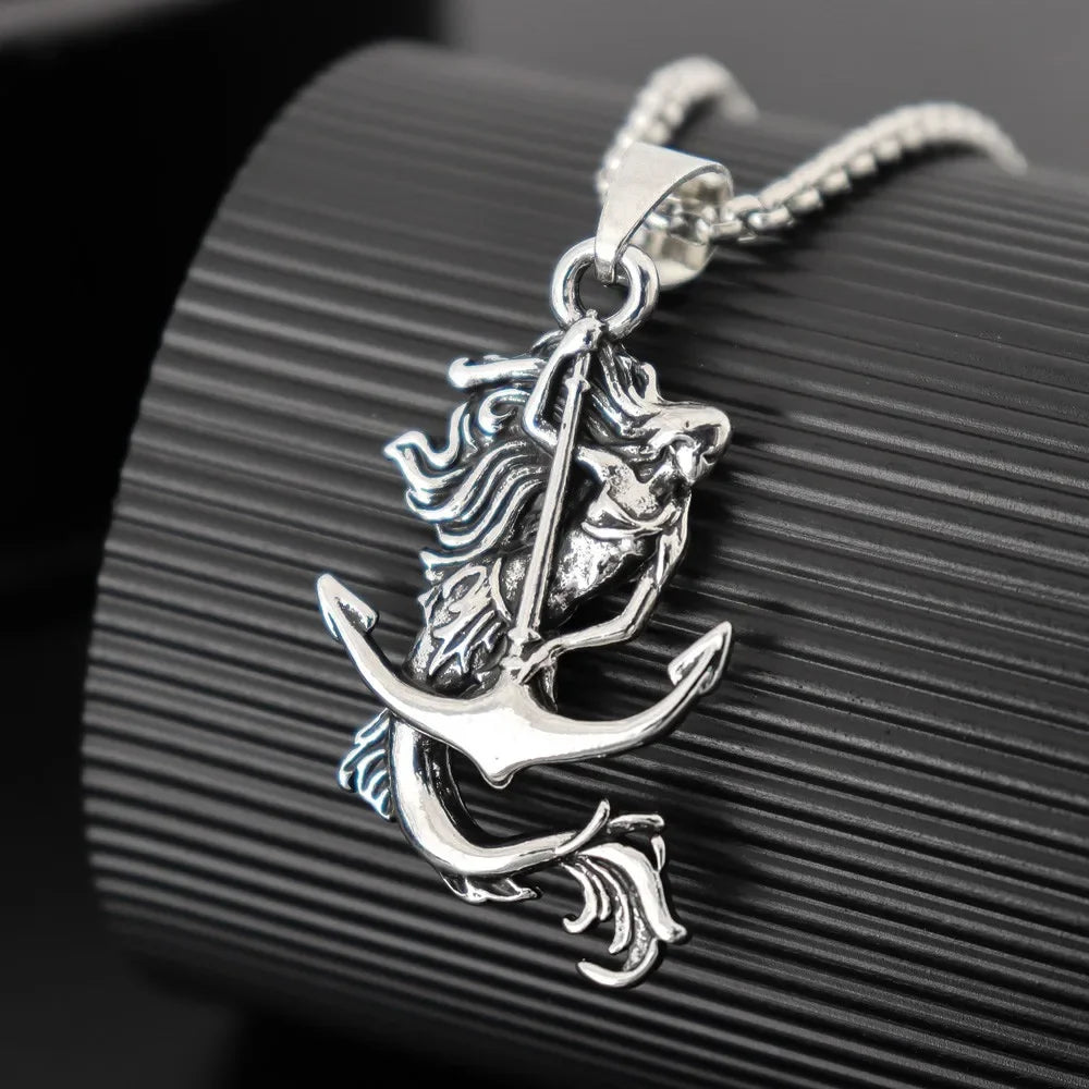 New Vintage Mermaid Anchor Pendant Charm Men's Necklace Fashion Hip Hop Punk Jewelry Accessories Party Gift Wholesale
