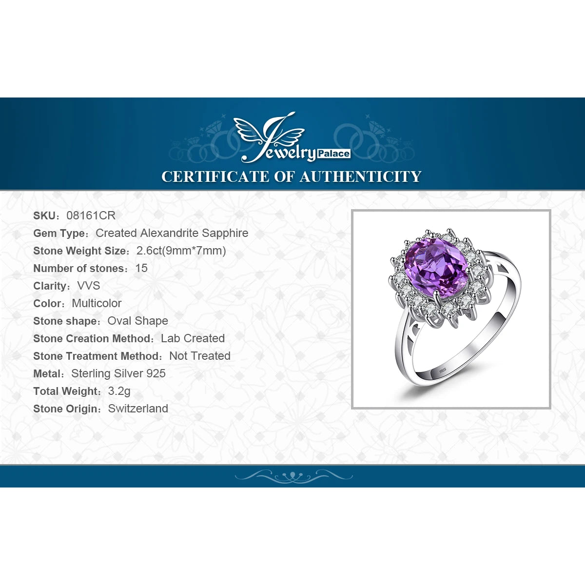 Jewelrypalace Princess Diana 2.6ct Created Alexandrite Sapphire 925 Sterling Silver Engagement Ring for Women Gemstone Jewelry