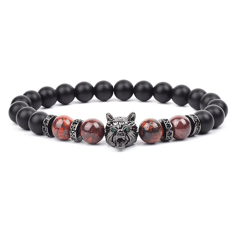 Wolf Charm Bracelets Men Natural Black Agates Onyx Stone Bracelet Brave Blue Tiger Eye Elastic 8 mm Beads Jewelry Beaded Pulsera Blood stone