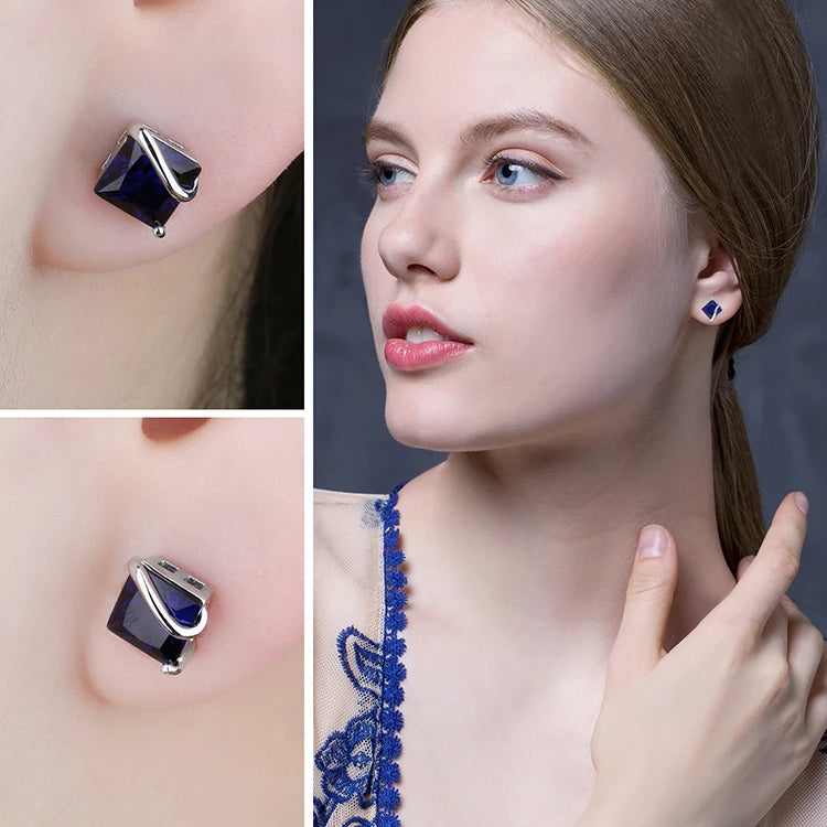 JewelryPalace Square 2.8ct Created Blue Sapphire 925 Sterling Silver Stud Earrings for Women Gemstone Fine Jewelry Birthday Gift