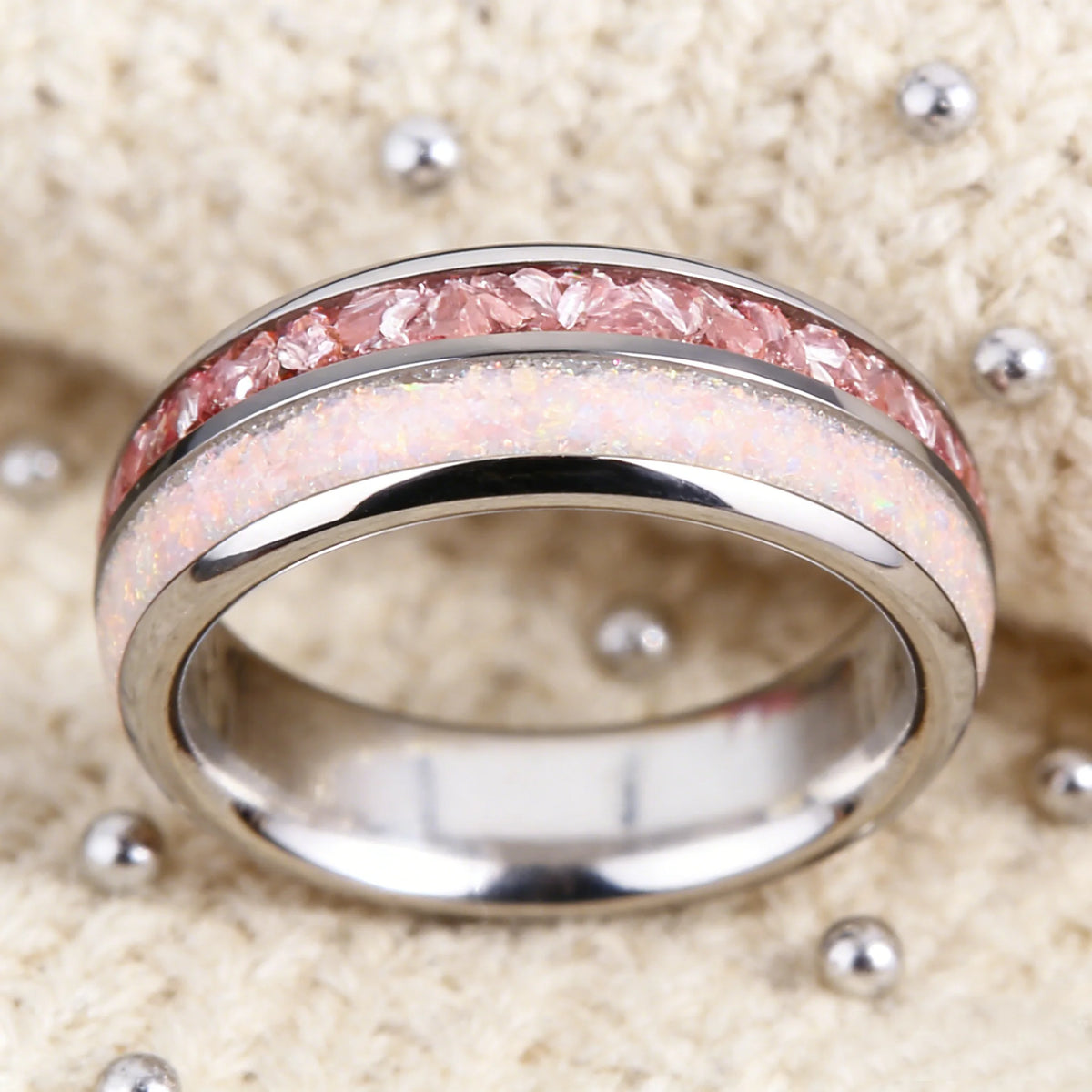 Fashion 8mm Silver Color Women Stainless Steel Ring with White Opal and Pink Stone Inlay Rings for Men Women Wedding Jewelry