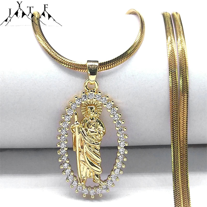Saint St. Jude Thaddeus Zircon Shiny Necklace for Women Men Stainless Steel Gold Color San Judas Tadeo Necklaces Jewelry NGG43-4