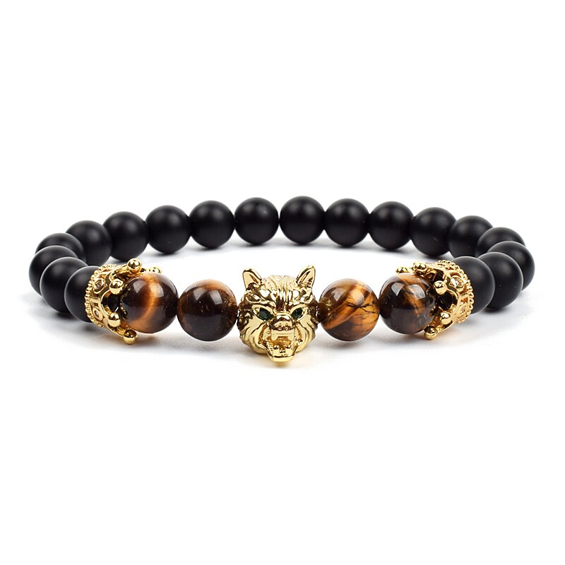 Wolf Charm Bracelets Men Natural Black Agates Onyx Stone Bracelet Brave Blue Tiger Eye Elastic 8 mm Beads Jewelry Beaded Pulsera Yellow tiger eye 3