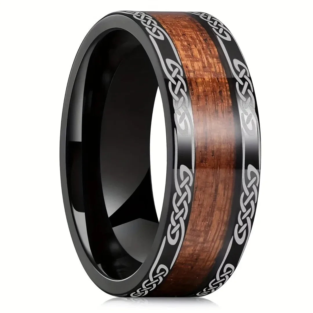 Fashion 8mm Rose Gold Color Stainless Steel Guitar String Rings for Men Koa Wood Inlay Ring Whiskey Barrel Mens Wedding Band