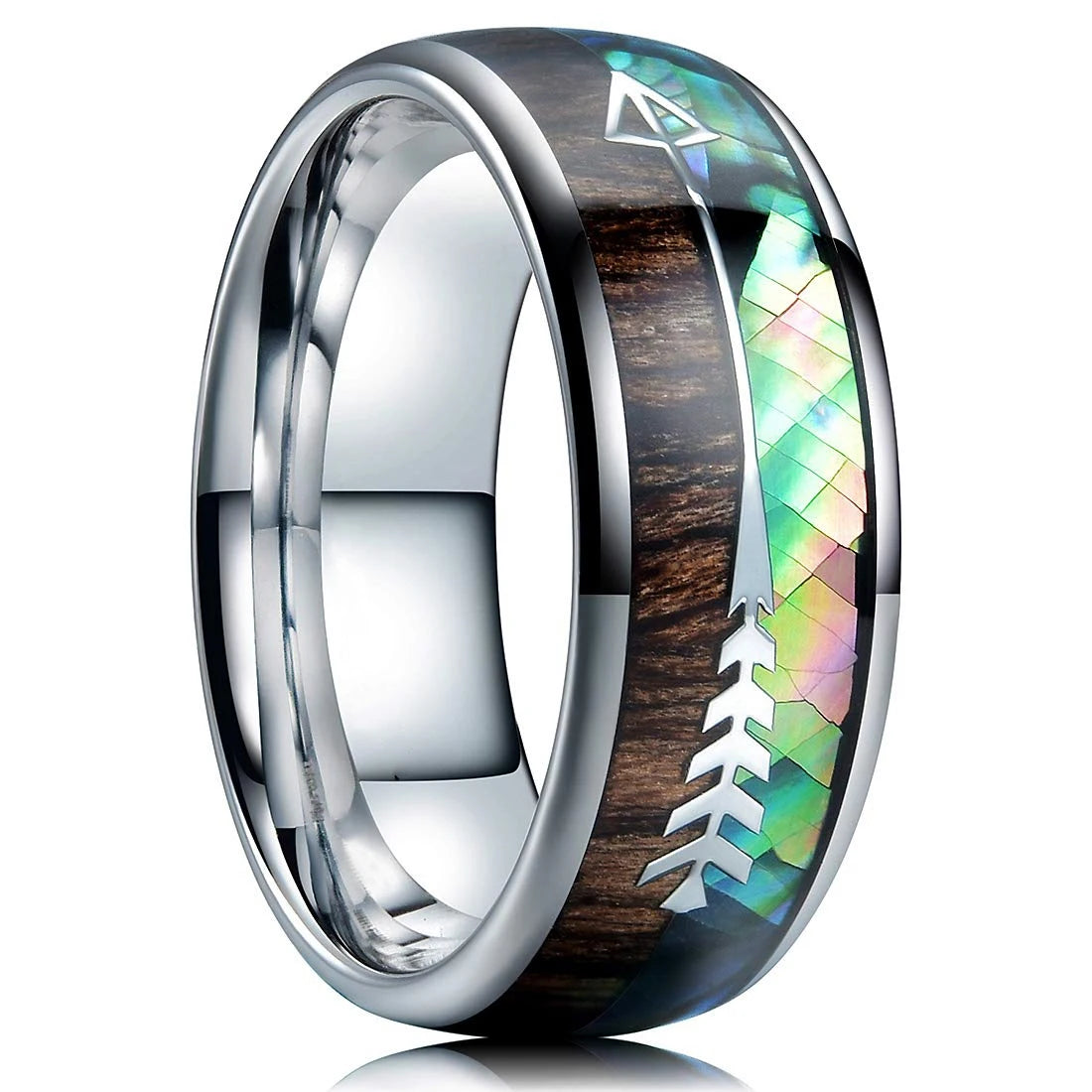Fashion 8mm Silver Color Stainless Steel Arrow Rings for Men Women Inlaid Hawaiian Koa Wood Rings Men Wedding Band Jewelry Gifts