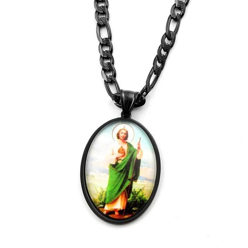 San Judas Tadeo Medal Pendant Necklace for Women Men Stainless Steel Gold Color Saints Apostle of Jesus Amulet Faith Jewelry