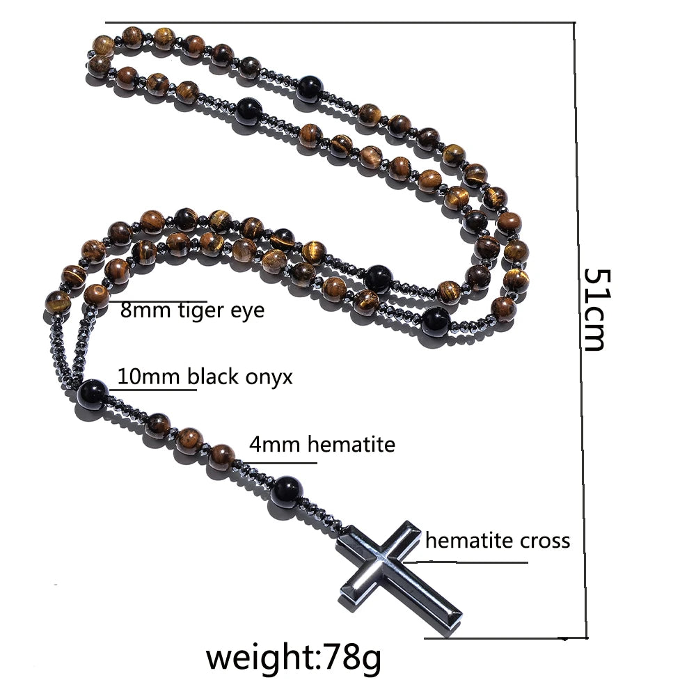 Natural Yellow Tiger Eyes Black Agate Beaded Catholic Christ Cross Pendant Necklace Men and Women Rosary Meditation Jewelry