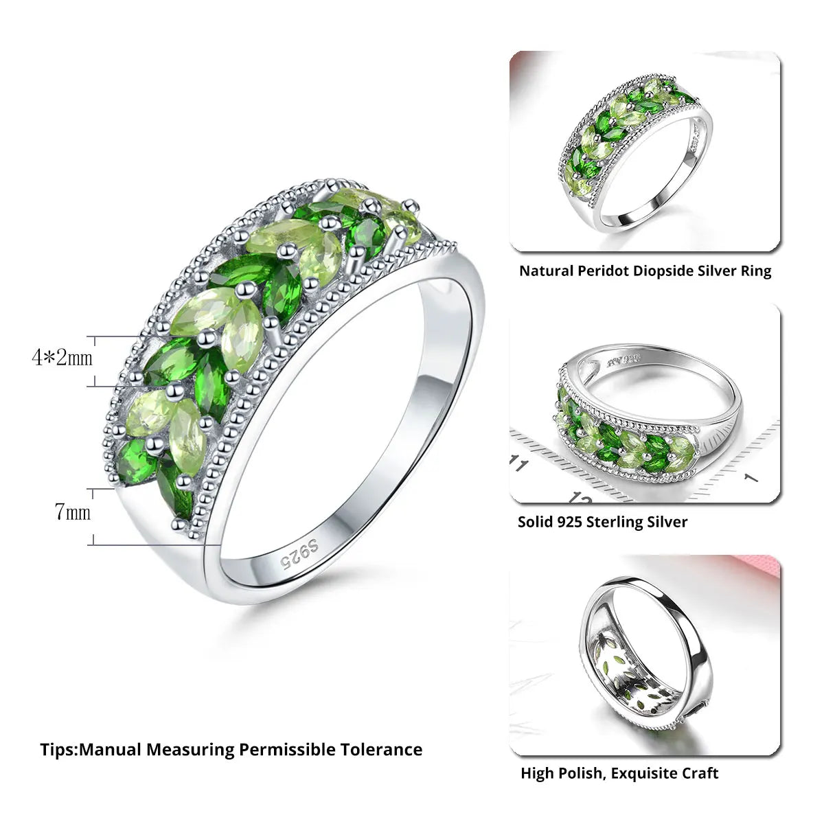 Natural Diopside Peridot Solid Silver Rings 1.5 Carats Genuine Gemstone S925 Fine Jewelry Daily Simple Style Birthday Gifts