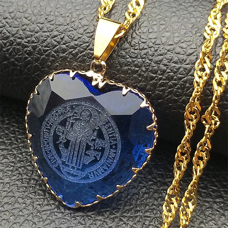 Catholic Saint Benedict Blue Heart Glass Pendant Necklace for Women Men Stainless Steel Chain Necklaces Jewelry San Benito