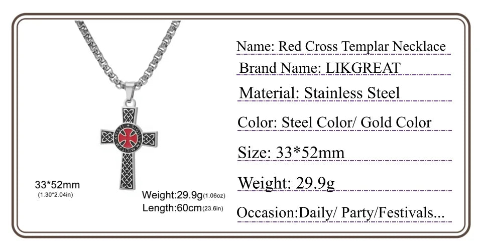 LIKGREAT Christian Cross Necklace Red Cross Templar Symbol for Men Women Vintage Religious Prayer Stainless Steel Jewelry Gift
