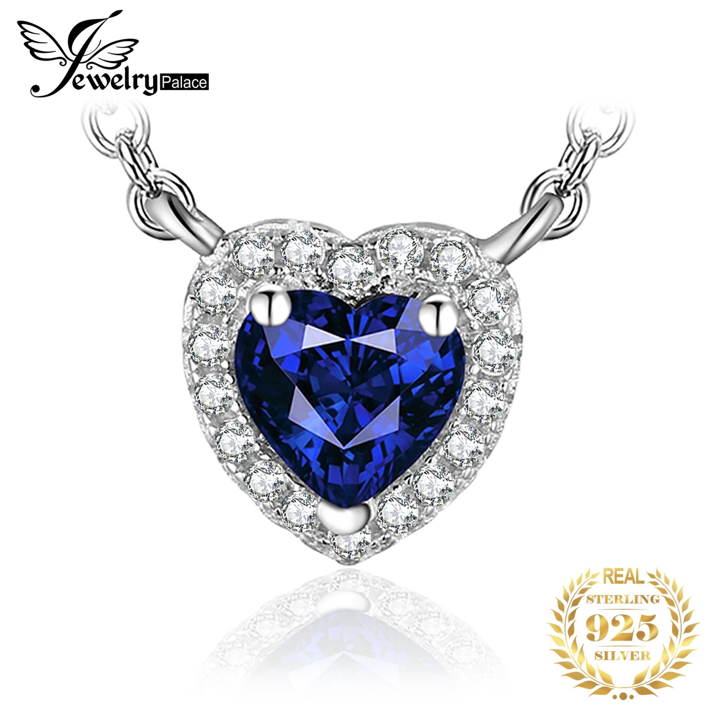 JewelryPalace Heart Created Blue Sapphire 925 Sterling Silver Pendant Necklace for Woman Gemstone Fine Jewelry Fashion Gift 45cm