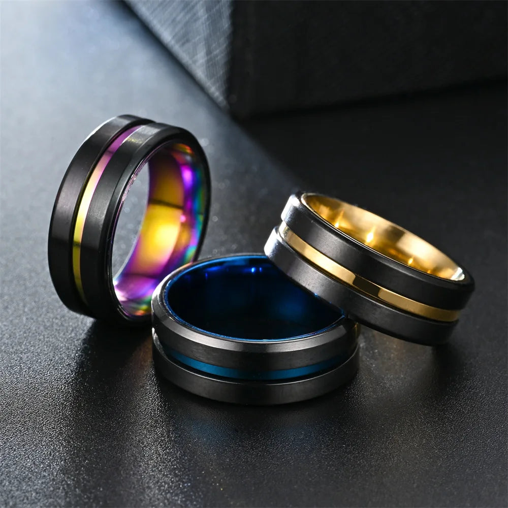 Fashio Men Rings Black Titanium Stainless Steel Rings For Men Women Brick Pattern Finish Beveled Edge Wedding Ring Party Jewelry