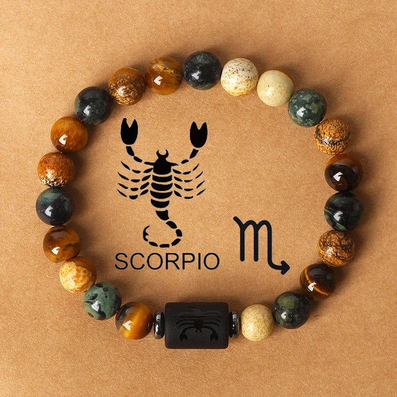 12 Zodiac Signs Constellation Charm Bracelet Men Women Fashion Tiger Eye Stone Beaded Bracelets Virgo Leo Libra Couple Jewelry