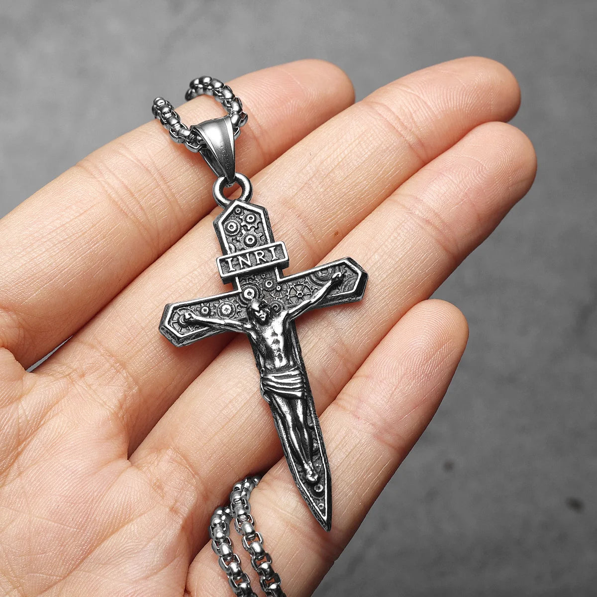 INRI Jesus Cross Exorcism Amulets Stainless Steel Men Necklaces Pendant Chain Punk For Women Fashion Jewelry Gifts Wholesale