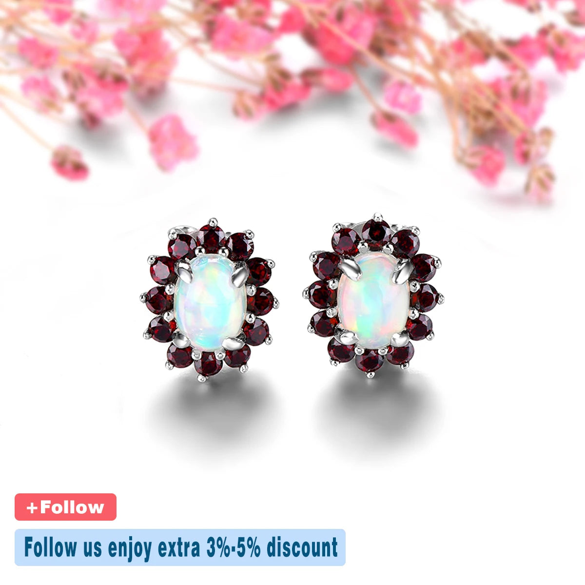 Natural Opal Garnet Sterlig Silver Stud Earring Multicolor 2 Carats Genuine Gemstone Women Romantic Birthday New Year Gifts