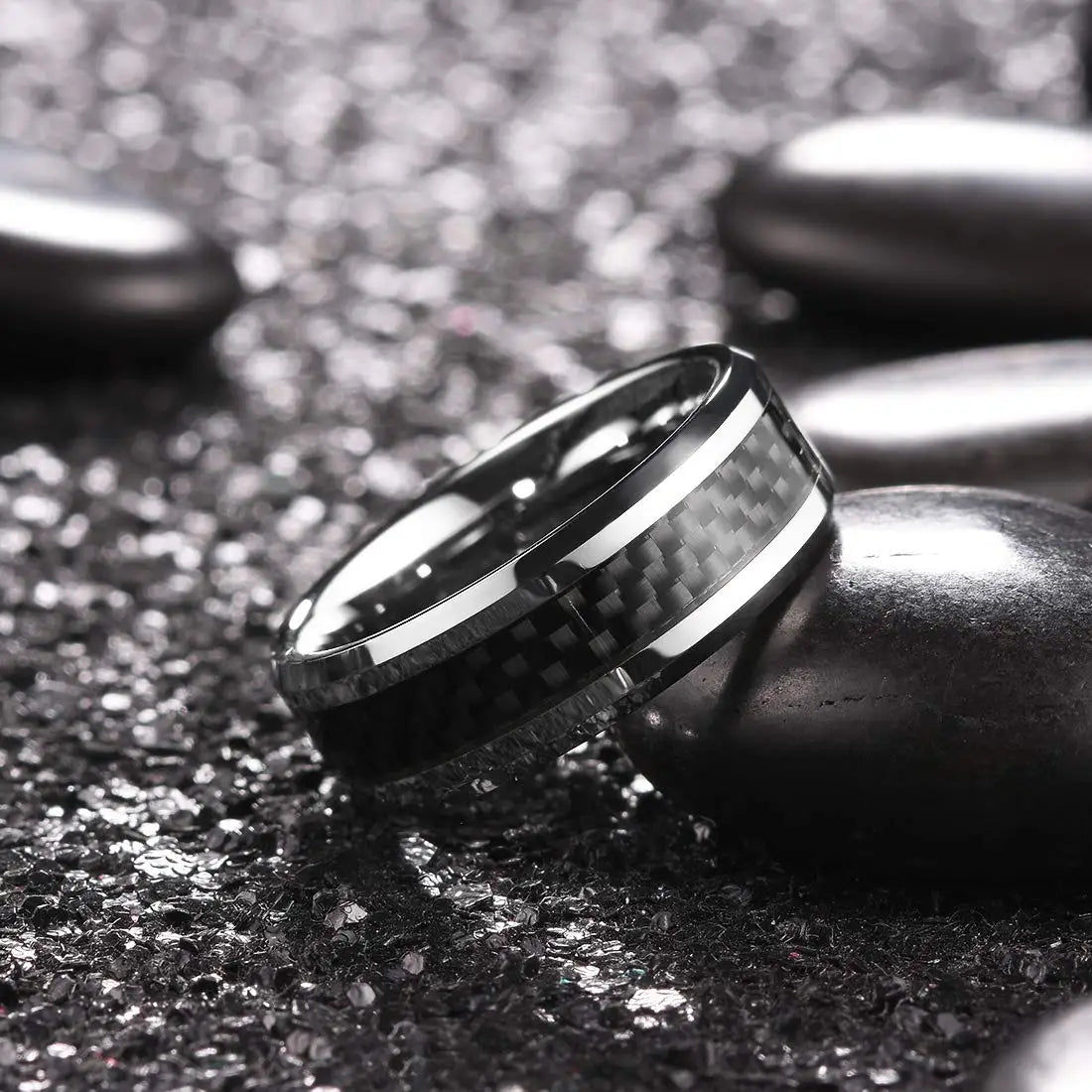 Fashion 8mm Men's Stainless Steel Ring Inlay Black Carbon Fiber Ring Wedding Engagement Jewelry Anniversary Gifts Drop Shipping