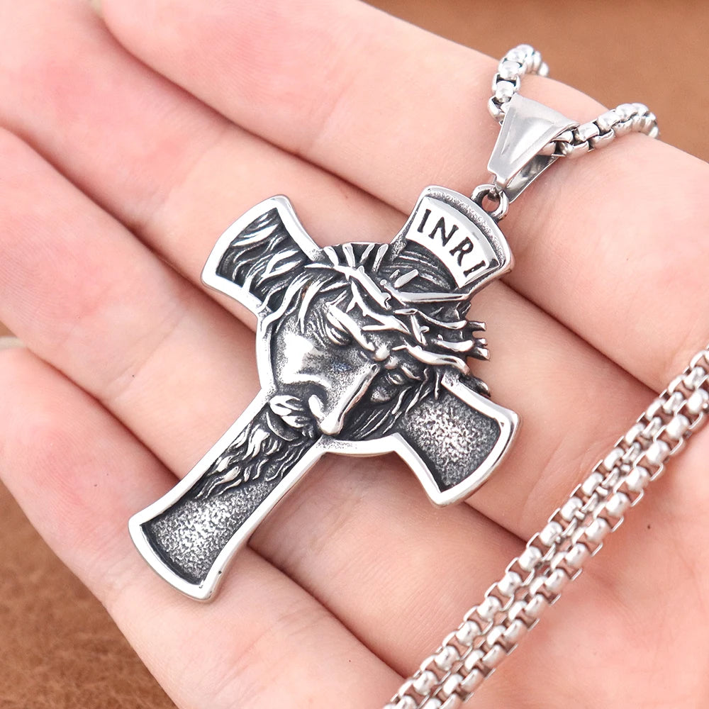 Vintage Stainless Steel Jesus Cross Necklace Men's Classic Religious Believer INRI Cross Pendant Jewelry Creative Gift