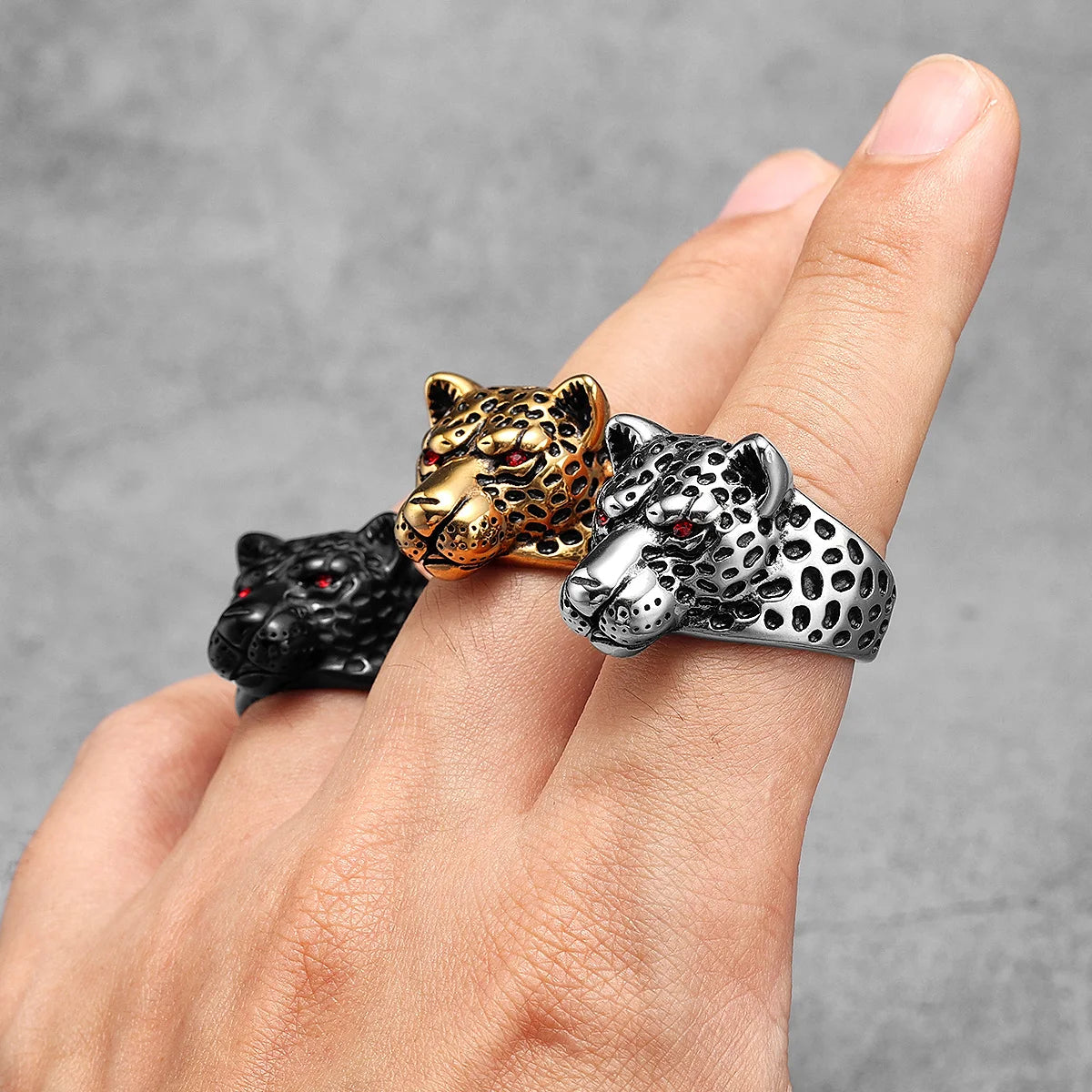 Leopard Ring Stainless Steel Men Jaguar Rings Wild Animal Punk Rock for Male Party Jewelry Halloween Accessories