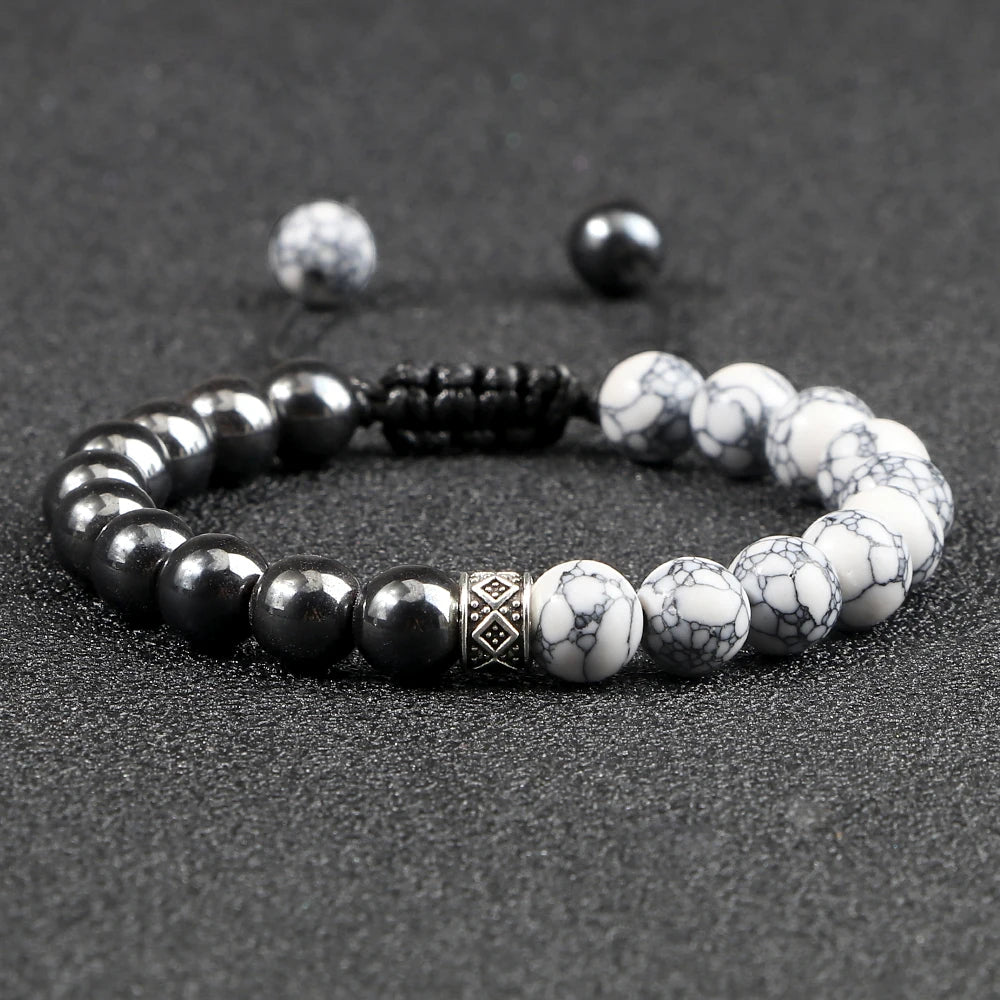 Fashion Black White Beaded Bracelets For Men 8mm Natural White Howlite Stone Beads Bracelet Women Meditation Prayer Jewelry Gift