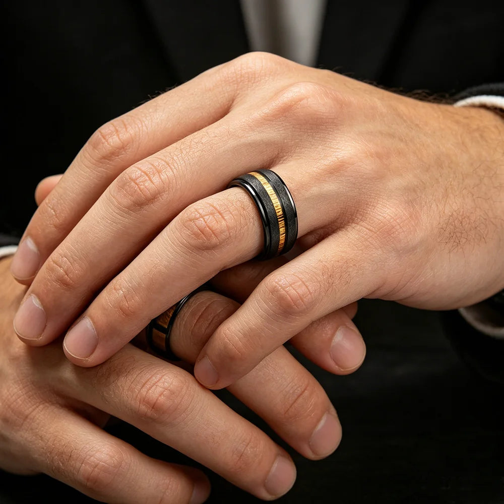 With Hawaiian Koa Wood Inlay Rings Matte Brushed Finish Fashion 8mm Black Stainless Steel Rings for Men Wedding Jewelry