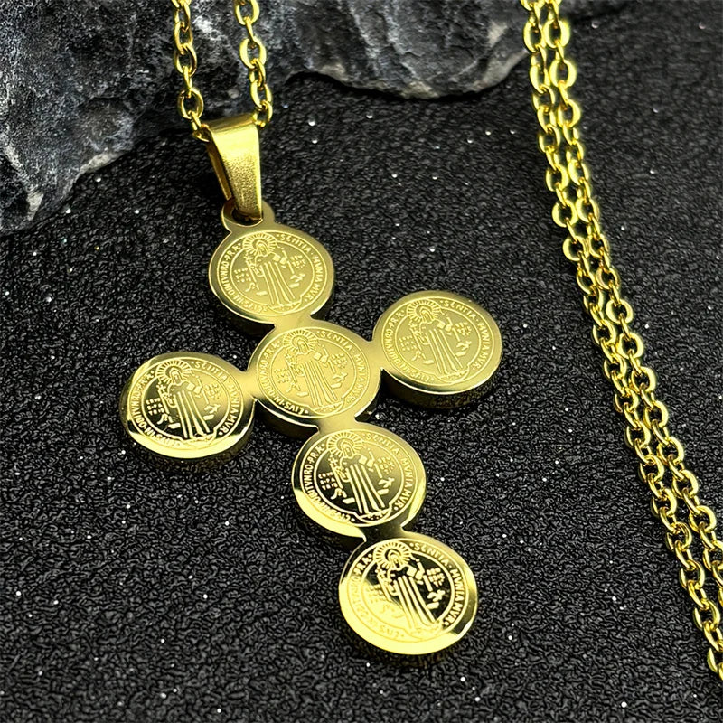 2026 Fashion Stainless Steel Cross Necklace for Women Men Saint Benedict Gold Color Necklaces Jewelry Gifts Collar Cruz N3450S05
