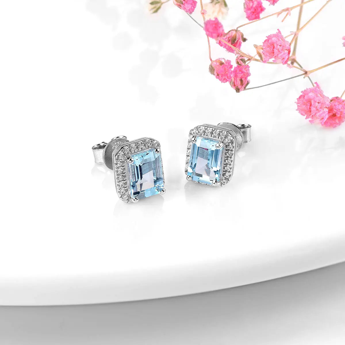 Natural Aquamarine Sterling Silver Stud Earring 2 Carats Genuine Light Blue Color Women Classic Style Anniversary Gifts