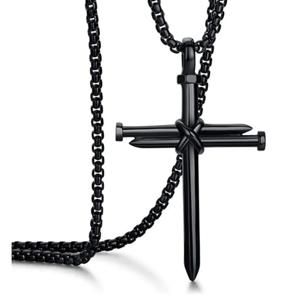 New Simple Niche Men's Jewelry Black Necklace Nail Cross Pendant Chain Necklace Christian Church Baptism Party Gift Men'sJewelry